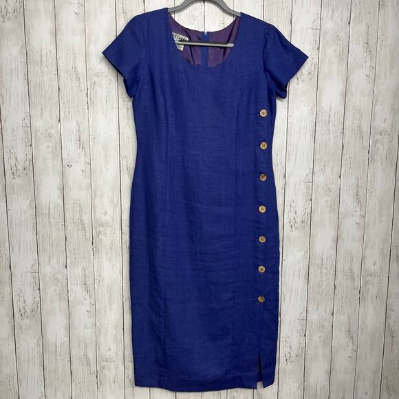 Vintage NY Sake 90s Purple Linen Button Side Long Basic Work Lined Maxi Dress 10 - Picture 1 of 11